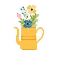 Flower,Bouquet,In,The,Yellow,Watering,Can.,Cute,Springtime,Flat